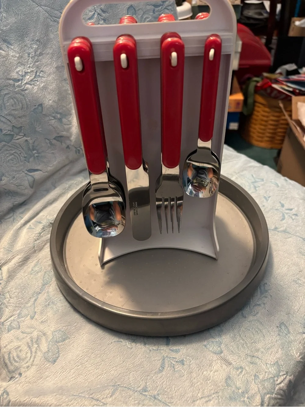 Red Handle Cutlery Set with White Stand - Home Dining-Vintage